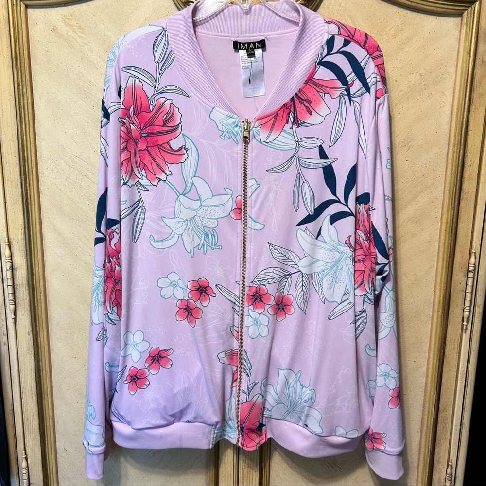 Iman Lilac Pink Teal White Floral Front Zip Reversible Bomber Jacket NEW NWOT